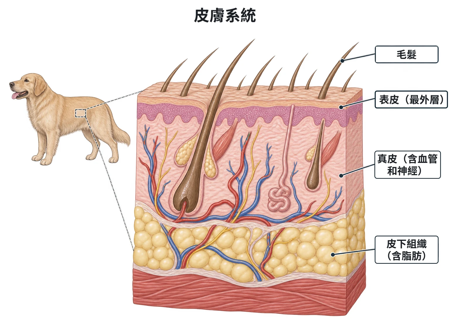 皮膚系統示意圖：一塊有毛皮膚的剖面，由上而下為表皮、含血管與神經的真皮、含脂肪的皮下組織，毛髮從毛囊長出