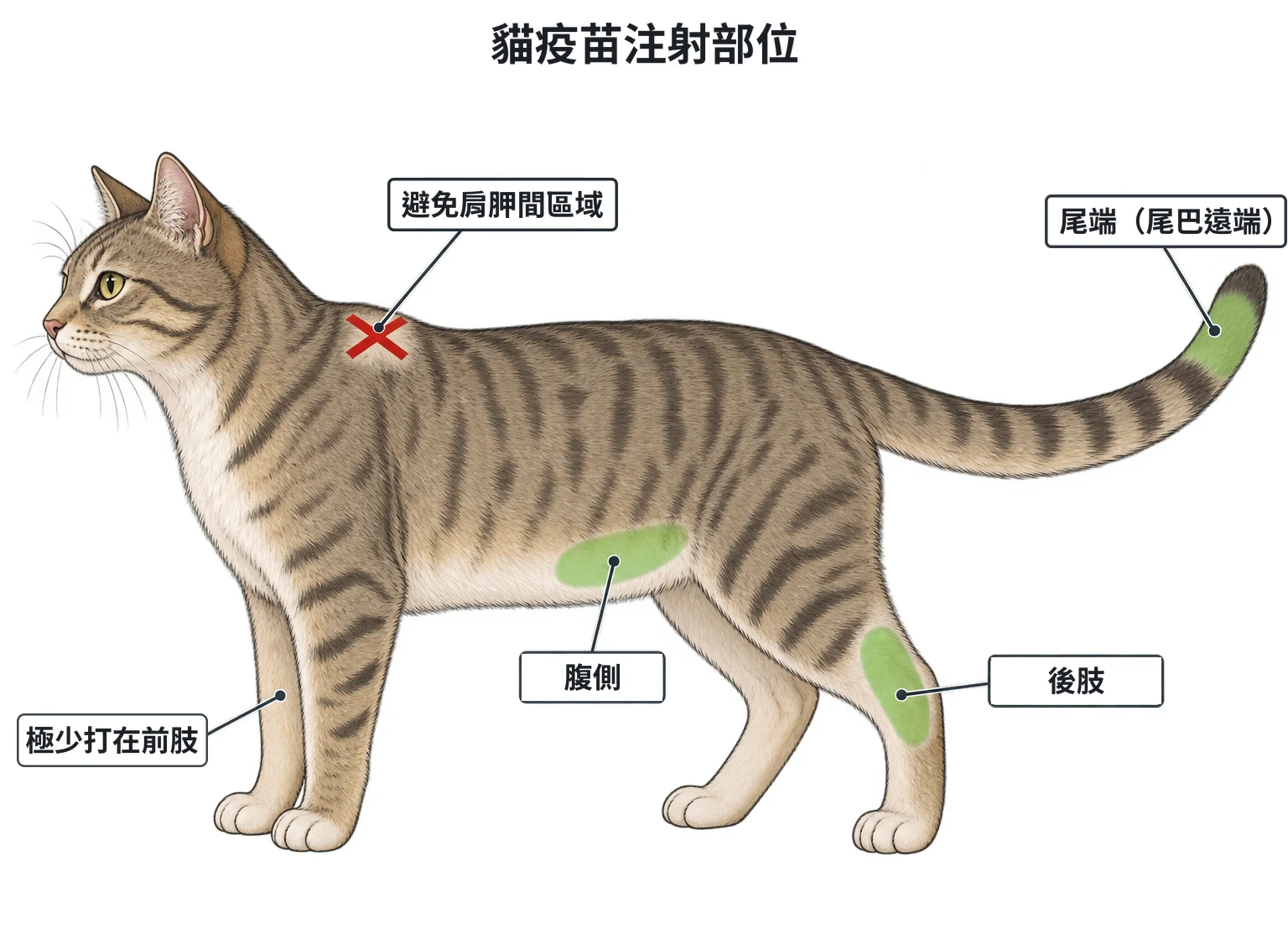 貓疫苗注射部位示意圖：站立的貓側面，尾巴遠端、後肢膝關節以下、腹部側面三處標為常用注射區，前肢不標；肩胛間打紅叉表示避免
