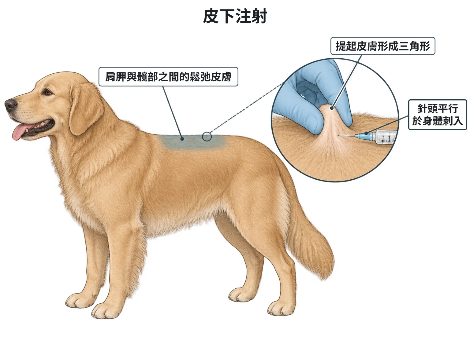 皮下注射示意圖：站立患者側面，背部肩胛與髖部之間的鬆弛皮膚為注射區；放大圖為戴手套的拇指和食指提起皮膚成三角形，針頭平行於身體從三角形底部刺入