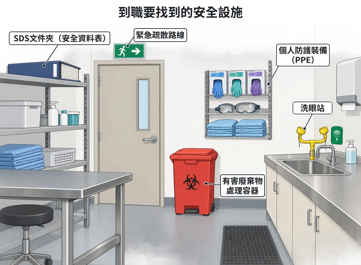 職業安全與衛生示意圖：醫院走廊與處置區一角，標出書架上的 SDS 安全資料表文件夾、門上方的綠色逃生指示、有蓋的紅色有害廢棄物桶、掛著手套護目鏡隔離衣的個人防護裝備架、水槽旁的洗眼站