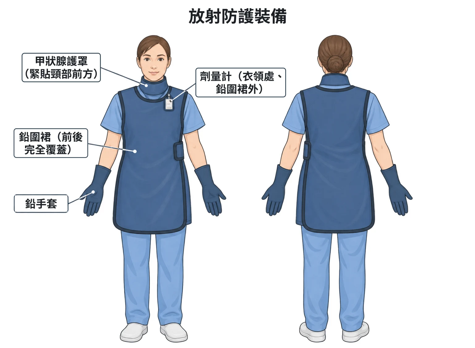 放射防護裝備示意圖：同一位人員的正面與背面，鉛圍裙前後完全覆蓋軀幹，甲狀腺護罩緊貼頸部前方，雙手戴鉛手套，劑量計夾在鉛圍裙外的衣領處