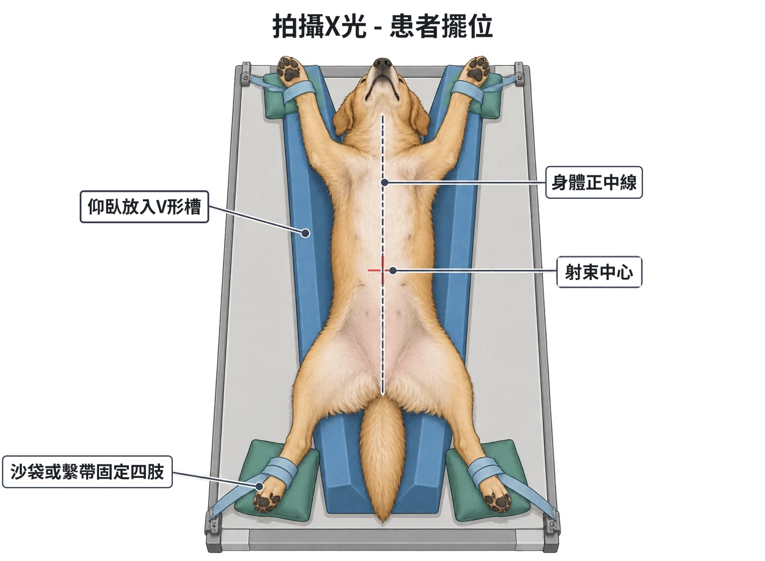 X 光腹背位擺位示意圖：犬仰臥於 V 形槽，從正上方看，身體正中線對齊射束中心，沙袋與繫帶固定四肢