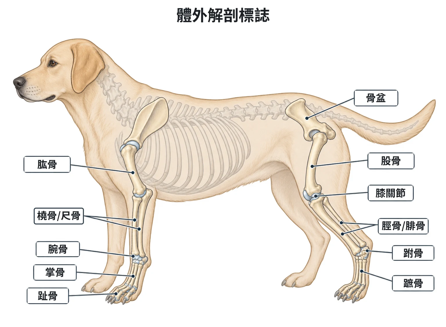體外解剖標誌示意圖：犬側面骨骼，前肢標示肱骨、橈骨/尺骨、腕骨、掌骨、趾骨，後肢標示骨盆、股骨、膝關節、脛骨/腓骨、跗骨、蹠骨
