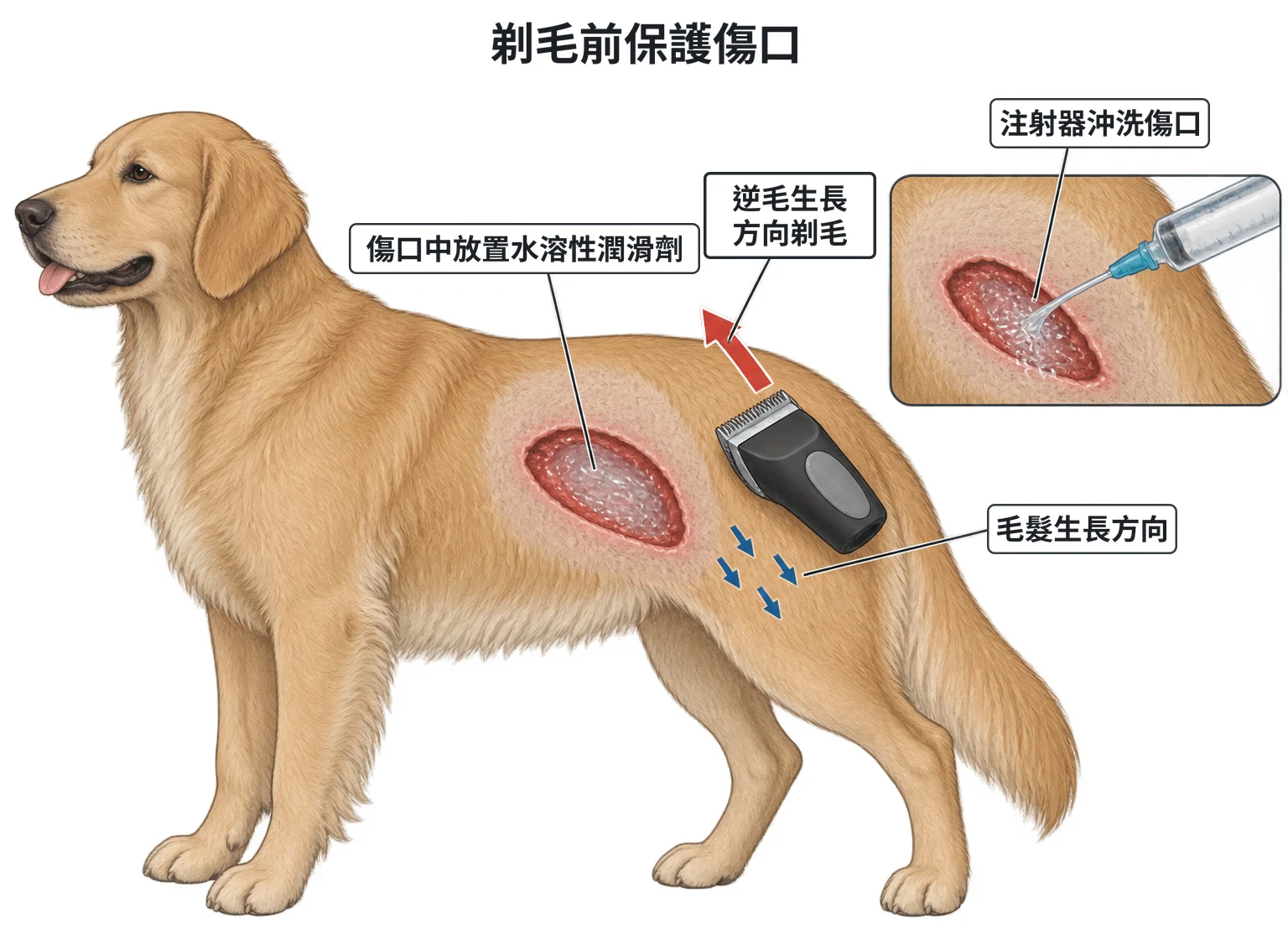 傷口照護示意圖：犬體側的開放傷口填著一層透明凝膠，電剪頭在傷口旁剃毛，小箭頭標出毛的生長方向，大箭頭標出電剪逆毛移動；小圖為注射器接針頭把生理食鹽水噴進剃好毛的傷口