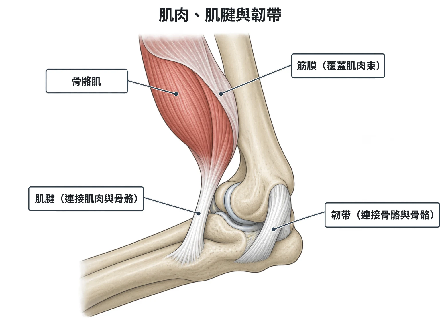 肌肉系統示意圖：一個關節的簡化剖面，上方骨頭上的肌肉由筋膜包覆，肌肉末端變成肌腱跨過關節附著在下方骨頭，關節兩側另有韌帶直接連接上下兩塊骨頭