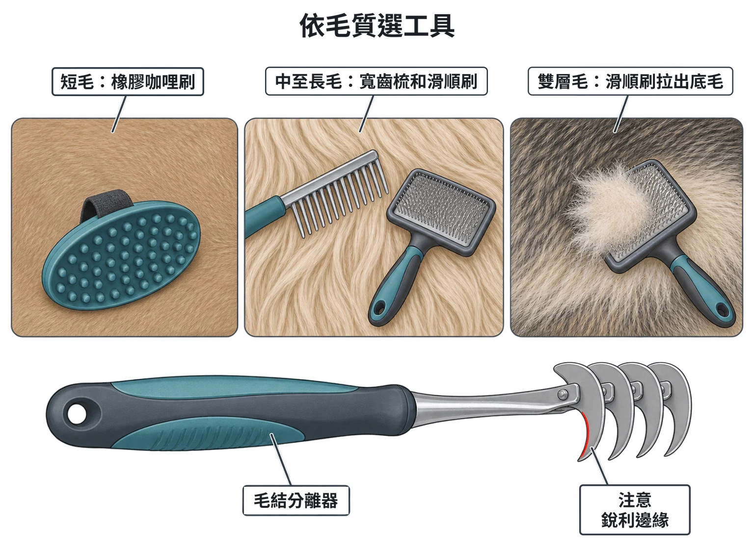 毛髮美容工具示意圖：三格毛質樣本，短毛配橡膠咖哩刷、中長毛配寬齒梳和滑順刷、雙層毛配滑順刷把底毛死毛拉出；下方另畫毛結分離器，彎鉤刀刃內緣的銳利邊緣以紅線標出