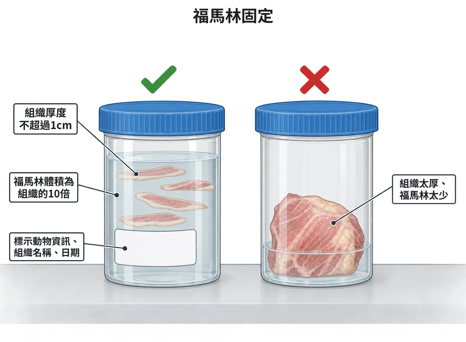 福馬林固定示意圖：兩個標本罐並排，左罐數片薄組織浮在大量福馬林中（正確），右罐一大塊厚組織只泡在少量福馬林裡、沒有被蓋過（錯誤）；罐身標籤空白