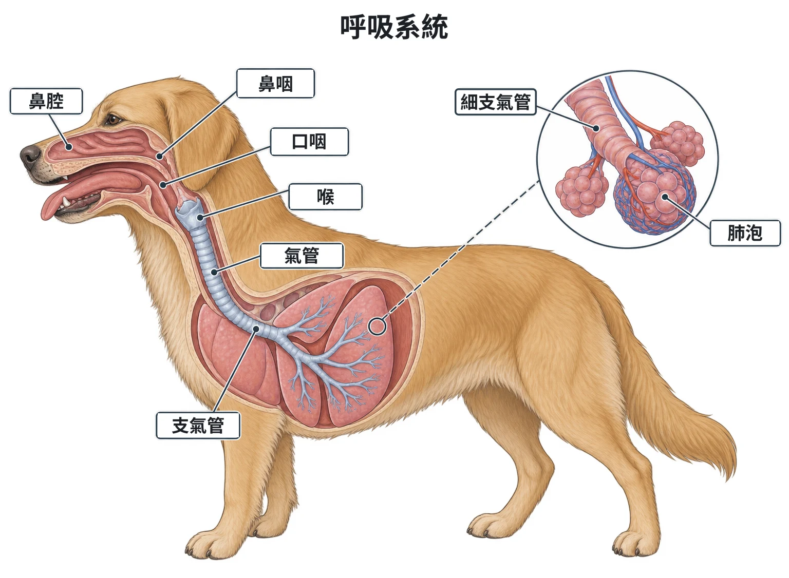 呼吸系統示意圖：犬頭頸胸剖面，鼻腔、鼻咽、口咽、喉、氣管、支氣管依序相連；放大小圖為細支氣管末端的肺泡