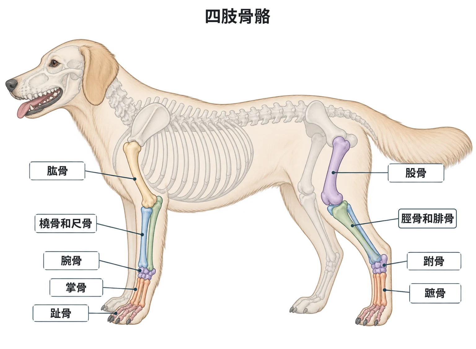 骨骼系統示意圖：犬側面骨骼，前肢標出肱骨、橈骨和尺骨、腕骨、掌骨、趾骨，後肢標出股骨、脛骨和腓骨、跗骨、蹠骨