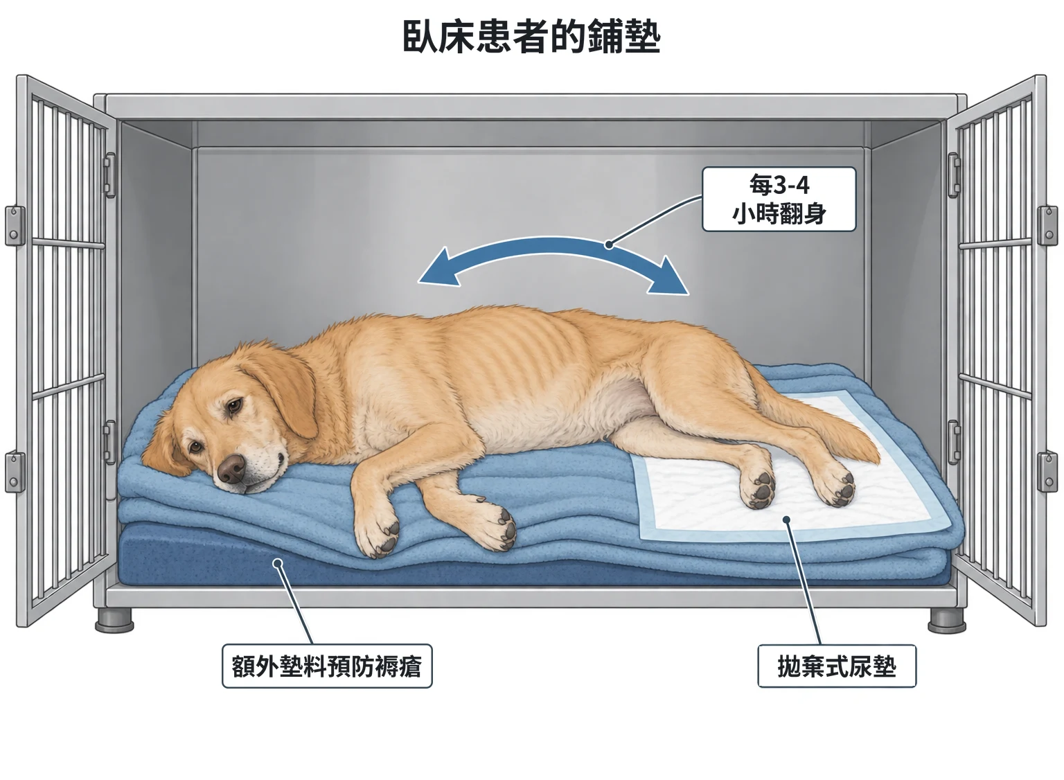 臥墊與翻身示意圖：住院籠裡側躺的消瘦犬，身下鋪著厚墊與毛巾，臀部下方另墊一張拋棄式尿墊；旁邊彎曲雙箭頭表示定期換另一側躺