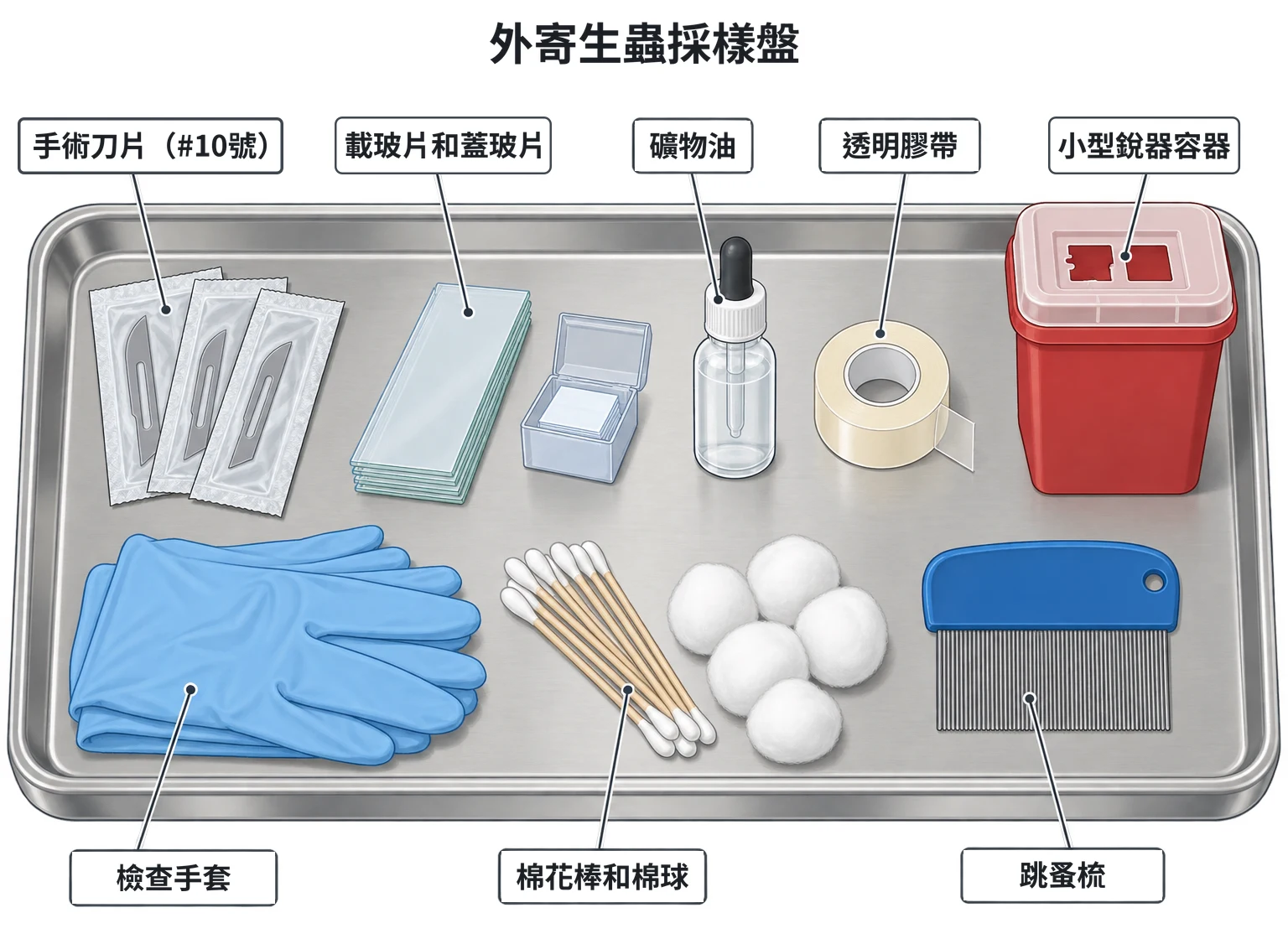 外寄生蟲採樣盤示意圖：俯視一個整齊排列的托盤，放著包在紙套裡的手術刀片、載玻片與一盒蓋玻片、礦物油小瓶、一捲透明膠帶、一副檢查手套、棉花棒和棉球、跳蚤梳、小型銳器容器