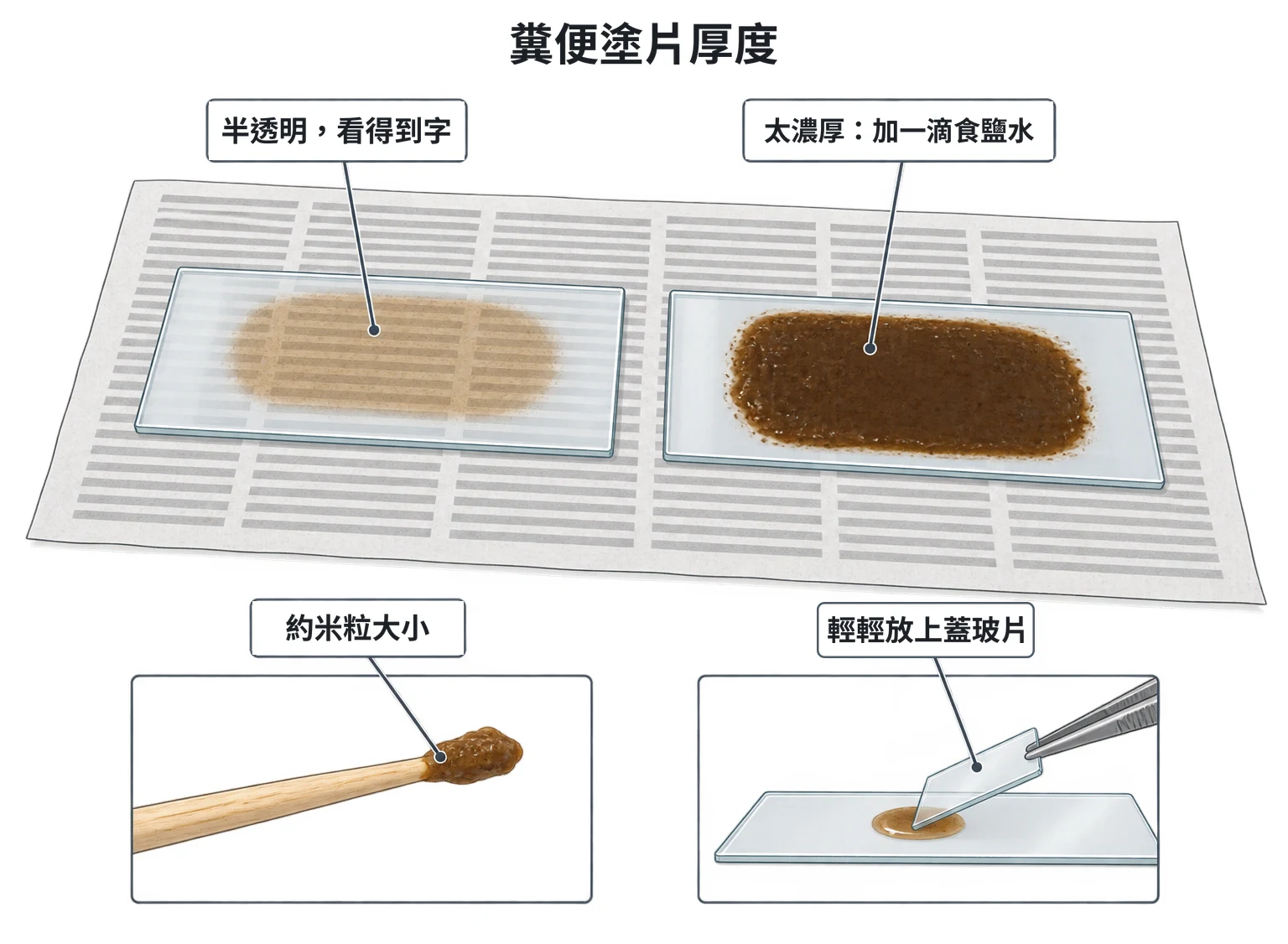 糞便塗片示意圖：兩片載玻片放在報紙上，左片塗片薄而半透明、看得到底下的字行，右片太厚、遮住字行；下方小圖為牙籤取米粒大小的糞便，以及蓋玻片從一側斜放下