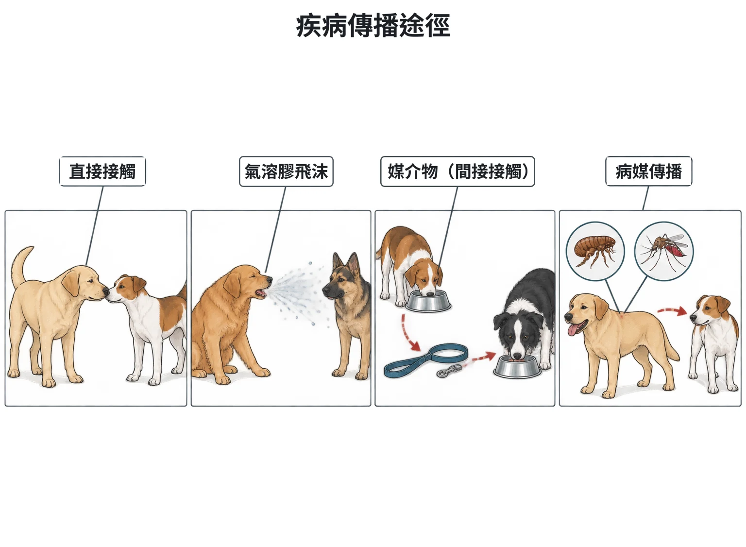 疾病傳播示意圖：四格，依序為兩隻犬鼻碰鼻的直接接觸、咳嗽噴出飛沫的氣溶膠傳播、共用食碗與牽繩的媒介物間接接觸、跳蚤與蚊子叮咬的病媒傳播